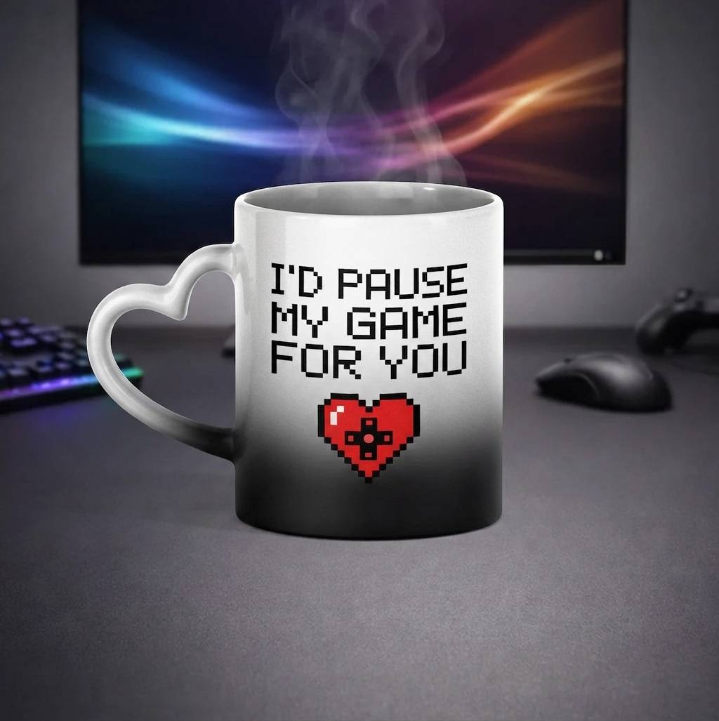ماگ سرامیکی حرارتی قلبی طرح I’d Pause My Game For You
