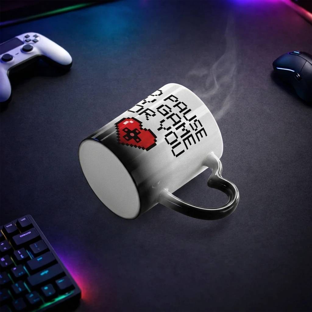 ماگ سرامیکی حرارتی قلبی - هدیه عاشقانه گیمرها ماگ سرامیکی حرارتی قلبی طرح I’d Pause My Game For You