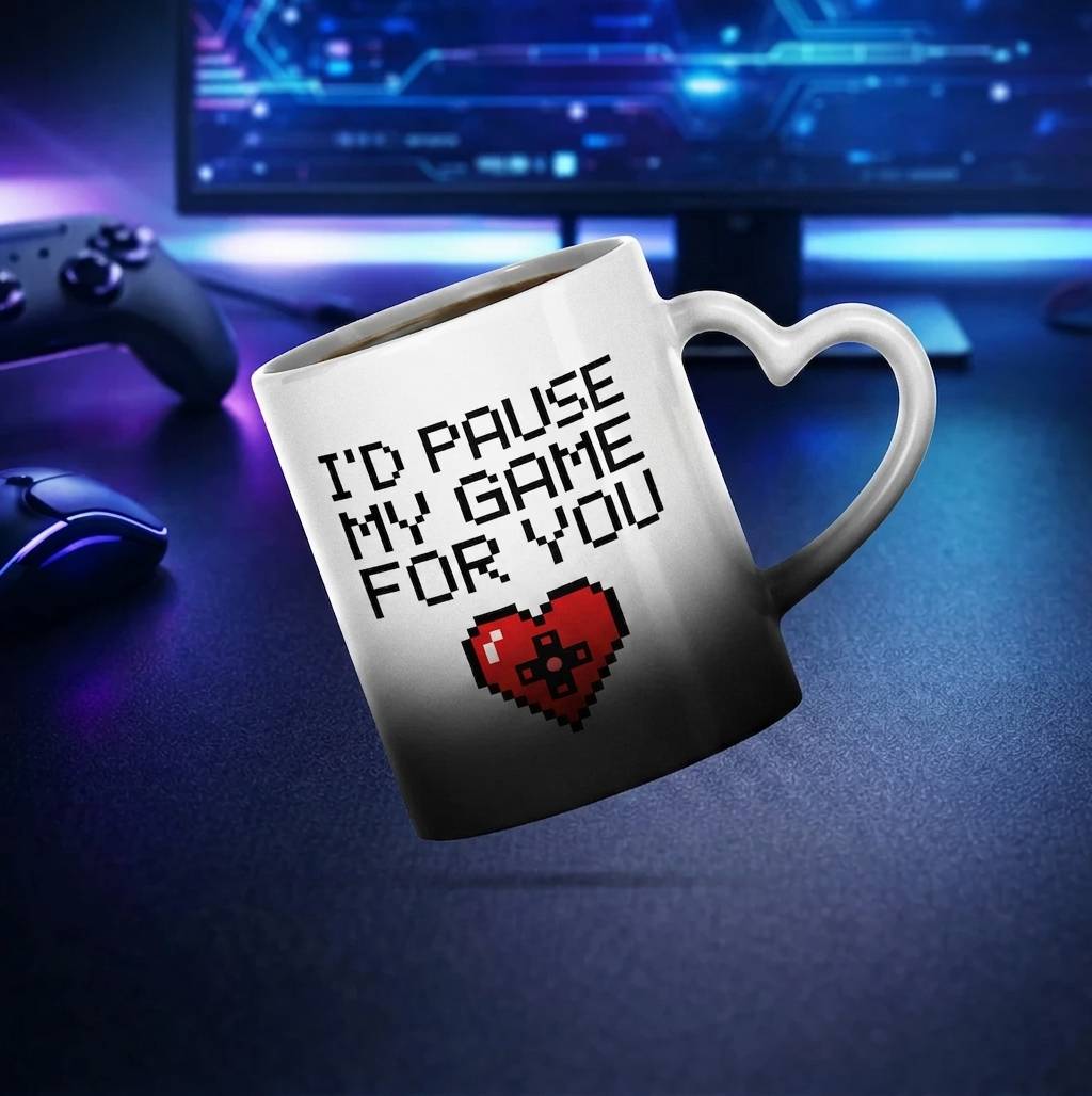 ماگ سرامیکی حرارتی قلبی - هدیه عاشقانه گیمرها ماگ سرامیکی حرارتی قلبی طرح I’d Pause My Game For You
